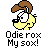 Pixelated cartoon dog with brown hair, yellow face, and white eye patch on gray background; text reads "Odie rox My sox!" and "Instant Icons .com".