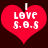 Two identical red heart-shaped icons with white text reading "LOVE $..0..$" and a small white vertical line at the top center, set against a dark brown background.