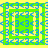 A static pixel art composition of repeating blue '<3' symbols on a green and yellow background with nested square frames.