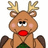 Pixelated reindeer with brown body, antlers, red nose, and green collar on white background, with red and gray containing green text