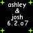 Pixelated text 'ashley & josh 6.2.07' surrounded by green plus signs on a black background, with visible animation changes in star placement and size.