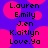 Pixelated text list on purple background with pink circular shapes, showing names L.Louren, E.Emily, J.Jen, K.Kaitlyn, Love.Ya in black block letters.