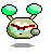 Pixelated character with green antennae, red glasses, and blue eyes; two yellow starbursts appear near its mouth in later frames.