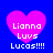 Four identical pink heart-shaped icons with white text on a blue background, each displaying "Lianna Luvs Lucas!!!" in pixelated font.
