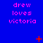 Blue background with repeated pink text 'drew loves victoria' in three , scattered red star-like and dot-like shapes
