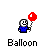 Pixel art character in blue shirt holding red balloon, shown in multiple states including balloon pop and body-only views.