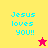 Pixelated text "Jesus loves you!!" on split background with star symbols changing color between frames.