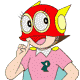 A cartoon character with red helmet, yellow earpieces, pink shirt with dark green P, and light blue cape points index finger up in four variations.