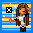Pixel art of a girl with long brown hair, white shirt, and checkered pants against striped blue-yellow background with star shapes.