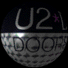 A spherical object with text segments rotating across its surface, displaying partial phrases like "U2", "DOORS", and "JANUARY 1997" against a dark background.