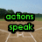 A four- shows a baseball field background with text changing : 'actions speak' in green, then 'louder than' in red, and finally 'words <3' in green