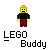 Pixelated figure with yellow head and hands, black torso, red pants, standing above text reading LEGO and Buddy on gray background.