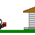 Animated pixel art sequence showing a figure with white head and black body holding red book, interacting with building facade and yellow figures.