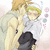 Pixelated anime-style character with blonde hair and angel wings, wearing a white shirt and dark pants, holding a hand to their face in a shy pose against a soft pink background with floating hearts.