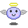 Pixelated angel icon with light purple face, yellow halo, gray wings, and pink cheeks; six variations show different eye expressions while maintaining consistent smile and shadow.