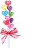 A vertical arrangement of colorful heart-shaped lollipops tied with a red and white striped ribbon on a white background.