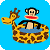 Pixelated cartoon monkey with red lips sits in a giraffe-patterned boat on blue water against solid light blue background.