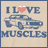 A static contact sheet of seven 48x48 pixel AIM buddy icons arranged in a 3x3 grid with one empty cell, each displaying the text "I LOVE MUSCLES" above a blue muscle car illustration on a beige background.