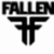 Black and white pixelated icon with stylized text "FALLEN" above a symmetrical emblem resembling a winged cross or inverted T-shape.