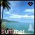 Pixelated beach scene with palm tree, sailboat, and 'summer' text; heart symbol changes color across frames.