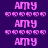Pixelated text 'AMY' in pink on purple background with cyan horizontal bars, repeated across a