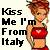 Pixelated image with black text reading 'Kiss Me I'm From Italy' on left and a cartoon-style character in red top and shorts on right.