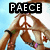 Two hands form a peace sign with a red cross inside, against a light blue background, with text changing from PAECE to OUT.
