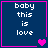Four identical blue with pink borders display white text 'baby this is love' and change heart symbols from single to double to purple pairs