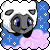 Pixelated sheep head with white wool, gray face, and blue eyes on a starry night background with pink clouds.