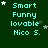 Green background with cyan text reading "Smart Funny lovable Nico S." and white stars in various positions