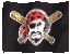 A pirate-themed icon with a skull wearing a red bandana and crossed baseball bats on a black background, showing subtle animation changes.