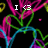 Pixelated animated icon with neon-colored heart outlines and scattered text fragments on a black background.