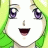 Pixelated anime-style face with green hair and purple eyes on left, black background with white text on right.