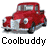 A contact sheet of five animated frames showing a red vintage pickup truck with silver accents, displayed in a 3x2 grid layout on a white background.