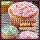 Pixelated image of a cupcake with pink frosting and sprinkles, brown base, light blue background elements.