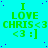 Green text on cyan background reads "I LOVE CHRIS<3 <3 :]" in a of repeated identical units with scattered purple dots