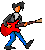 Pixelated figure with orange face, black hair, gray jacket, white shirt, blue pants, black shoes, and red electric guitar in three distinct poses.