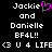 Pixelated text and symbols on black background with pink heart symbol replacing 'o' in 'Jackie'.