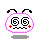 Pixelated cartoon head with pink outline, black antennae, red plus signs on cheeks, and changing eye symbols