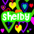 Pixelated icon with green banner displaying 'Shelby' in white text, surrounded by colorful heart shapes and a central flower-like structure on black background.