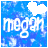 Blue pixelated background with white text 'megan' and a cloud shape, where the cloud moves from top-left to bottom-right