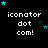 Pixelated text 'iconator dot com!' repeated across a black background with scattered blue and dark blue stars, some frames showing gray rectangular overlays.