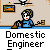 Animated contact sheet showing five frames of a pixel art character in blue shirt holding tools at a workbench with "Domestic Engineer" text below each frame.