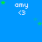Blue background with repeated white text 'amy' and '<3', green star shapes scattered across the scene, gray rectangle in bottom-right corner.