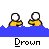Pixelated character in yellow shirt with white head, shown in water scenes with text labels 'Drown' and 'Buddy'.