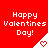 Red background with white pixelated text 'Happy Valentines Day!' repeated six times and heart symbols in the bottom corners.