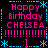 Pixelated birthday icon with pink text and blue decorative elements on black background, repeated in four quadrants.