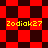 Red and black checkered pattern with yellow text 'Zodiak27' repeated across four distinct layouts