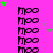 A bright pink background features repeated black 'moo' text in a , with scattered green and purple stars. A gray rectangle partially covers the bottom-right corner