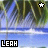 Pixelated beach scene with palm trees and ocean waves, two star icons above the waterline, 'LEAH' text in block letters at bottom left.